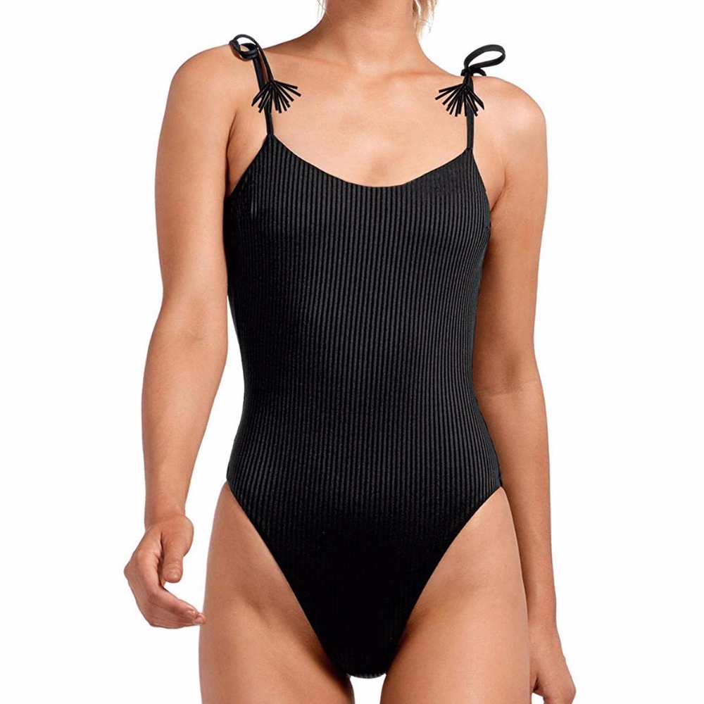 Black Ribbed One Piece Shoulder Tie Swimsuit